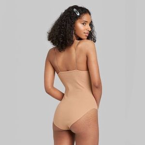 Square-Neck Spaghetti Strap Bodysuit Beige